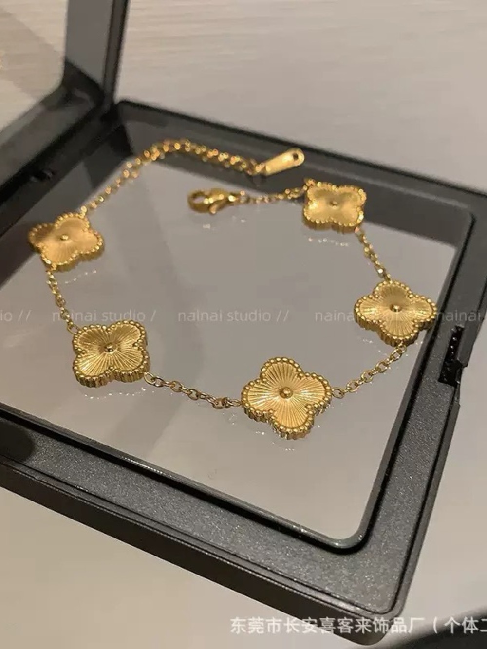 Titanium Steel in Gold Floral Clover Link Bracelet - Women's Jewelry